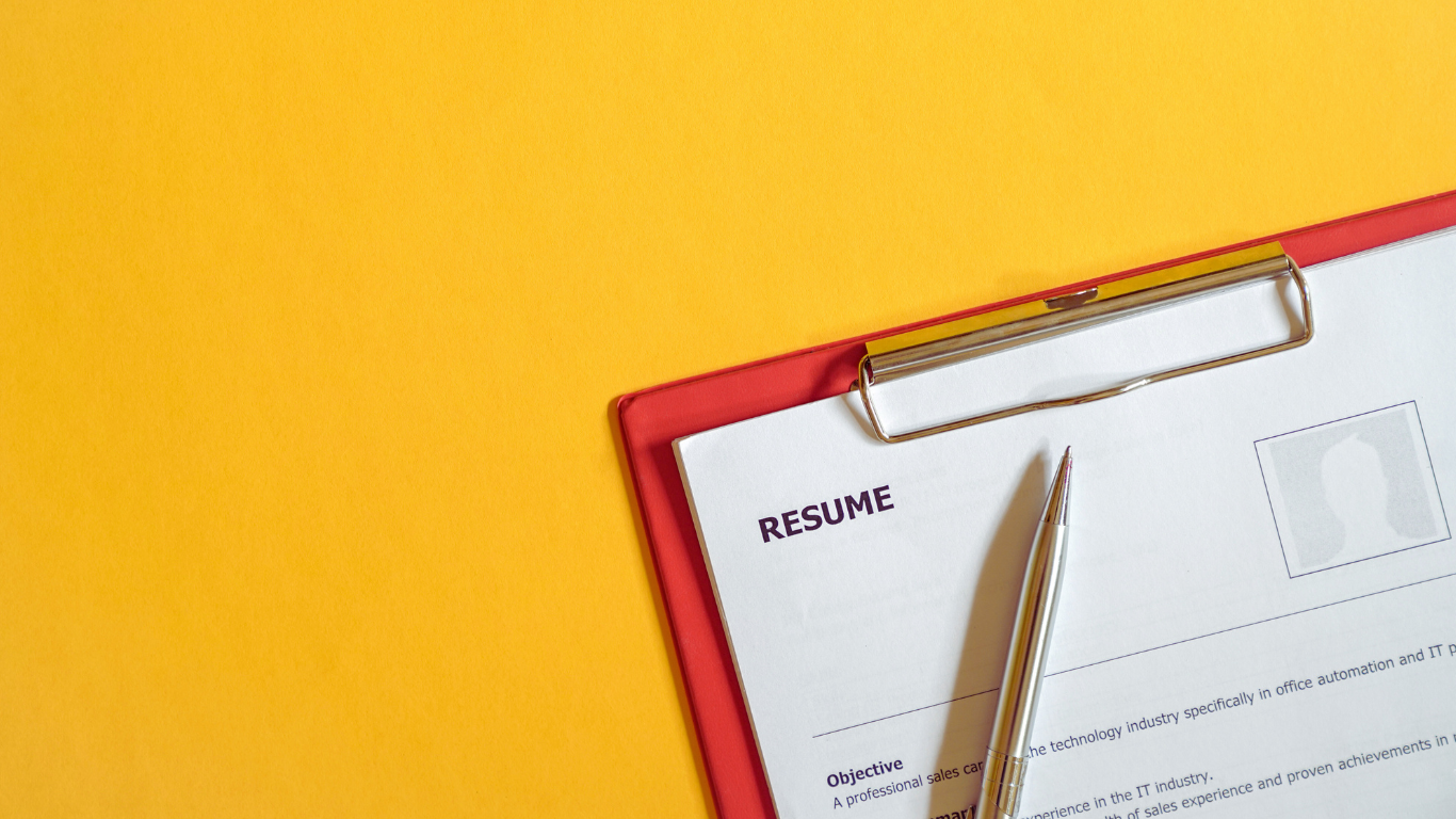 A yellow background with a resume highliting caregiving experience in the corner.