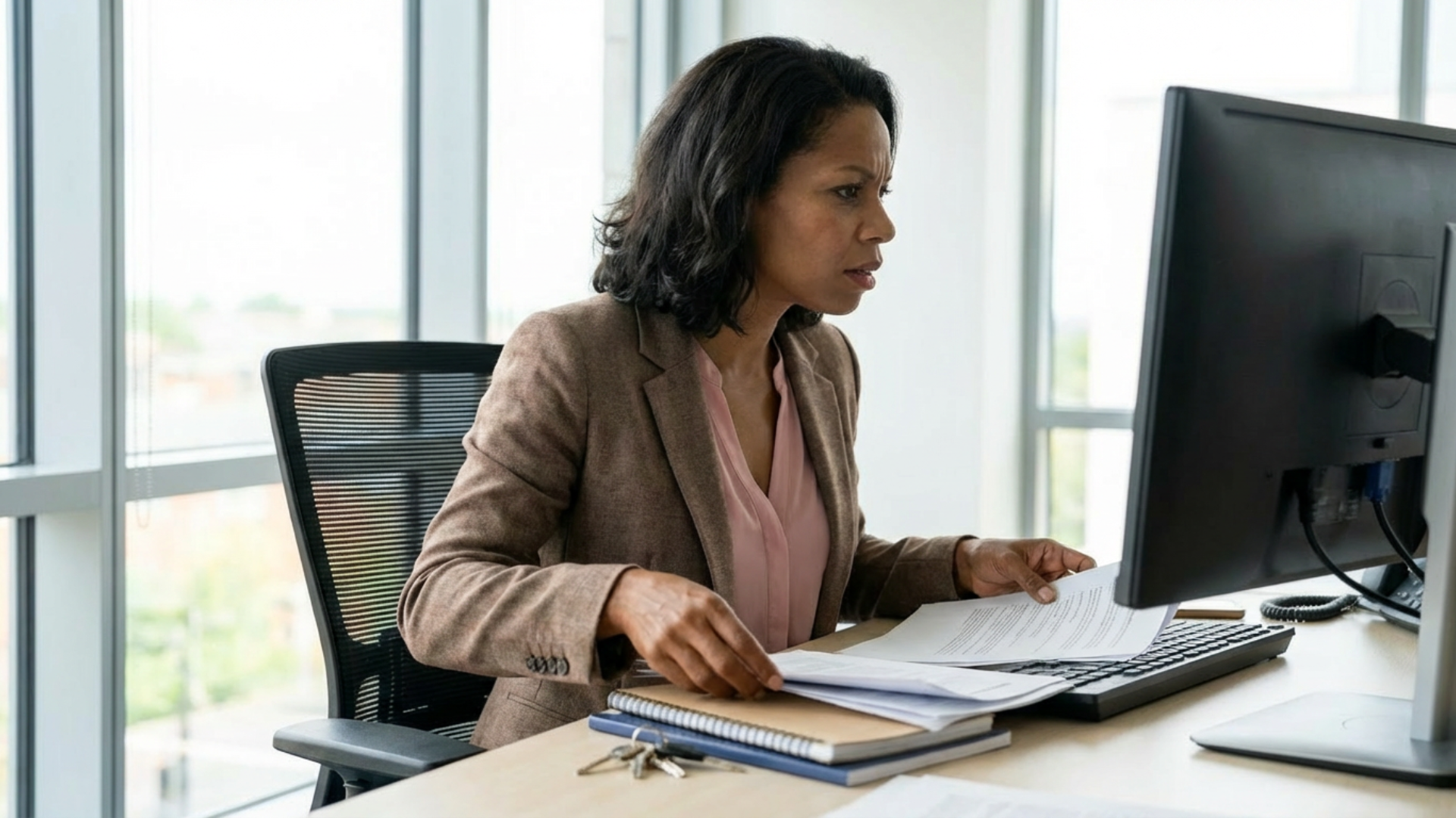 Woman staring at her computer with papers in her hand, looking confused