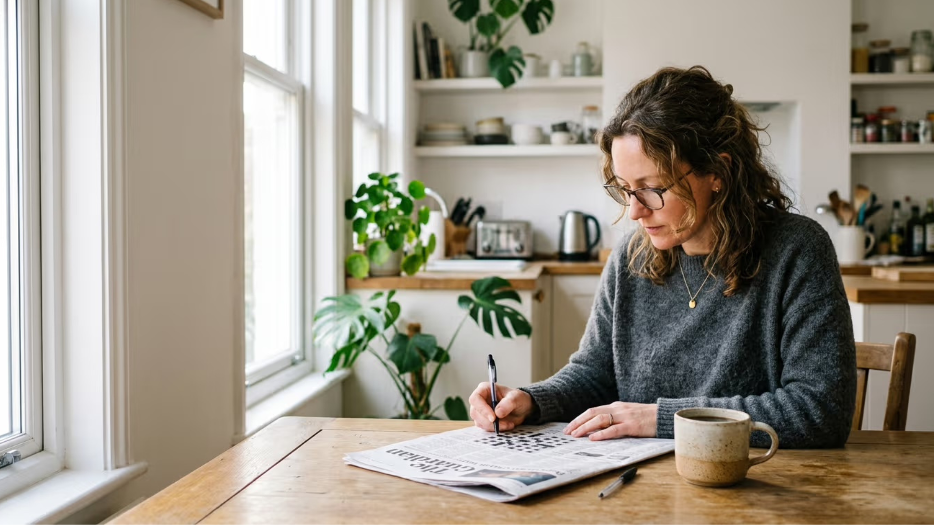 Woman sitting at a kitchen table doing crossword puzzle